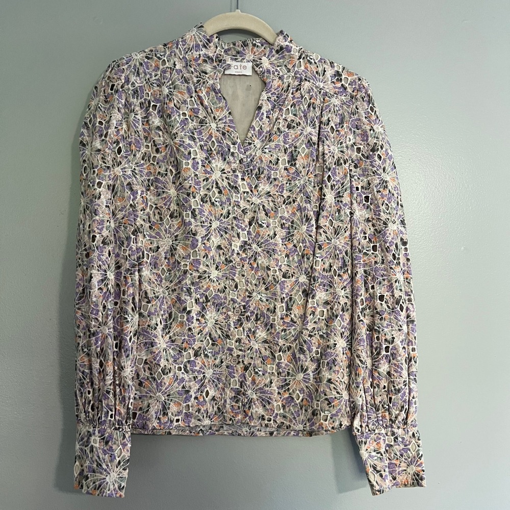Fate Floral Eyelet Button Front Blouse Purple Orange Cotton Small boho feminine
